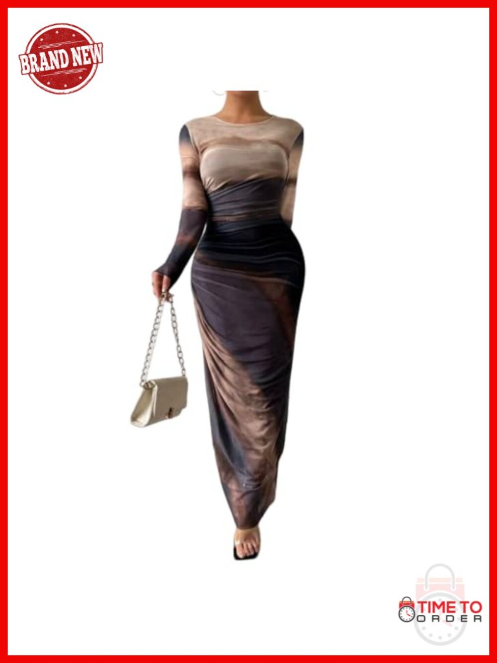 Maxi Dress Long Sleeve Mesh Bodycon Ruched Tie Dye Party Cocktail